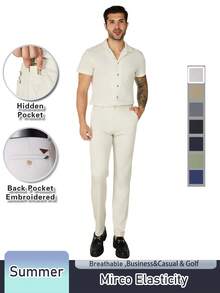 Men's Solid Color Lightweight Cotton Blend Dress Pants - Summer Business Casual Chinos, Straight Leg, Classic , Perfect For Office & Casual Attire - Màu be - Xem 1