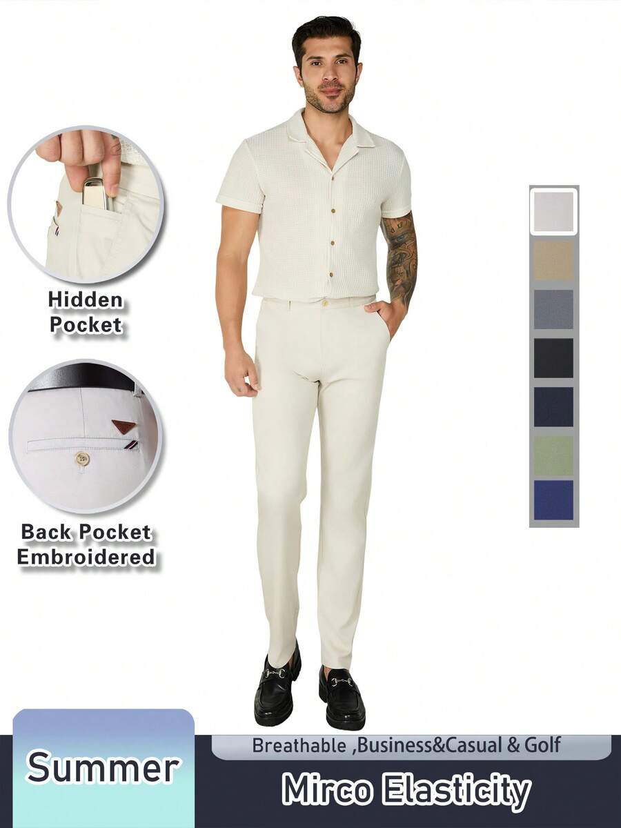 Men's Solid Color Lightweight Cotton Blend Dress Pants - Summer Business Casual Chinos, Straight Leg, Classic , Perfect For Office & Casual Attire - Màu be - Xem 1