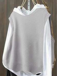 Plus Size Casual Solid Color Round Neck Knitted Sweater Vest