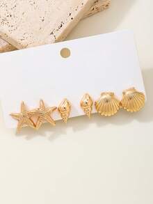 3pairs Elegant Versatile Fashionable Summer Vacation Style European & American New Metallic Gold Starfish, Sea Shell, Sea Life Series Women Earrings Set, Suitable For Daily Commute, Beach Vacation, Party, Refined Jewelry Gift, Stylish Campus Items, Perfect For Best Friends - 3 Pairs Of Earrings Set - View 4