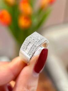 Luxury S925 Sterling Silver Wide Square Diamond Ring, Gift For Girlfriend, Wife Or Lover For Dating, Party, Daily Wear, Anniversary, Engagement, Wedding, Bride Premium Jewelry - Silver - View 2