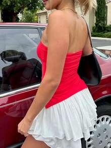 Women Tube Tops Solid Color Slit Strapless Tank Tops Summer Backless Bandeau Shirts Streetwear - 紅色 - 查看 2