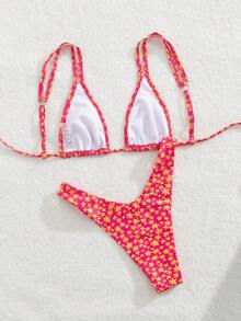 夏季女式碎花田园风全覆盖比基尼泳装和泳裤海滩度假两件套 - 彩色 - 查看 3