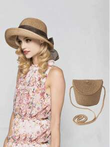 2 Pieces Set: Women's Bow Wide Brim Sun Hat And Cross-Body Bag, Summer Sun Protection Beach Hat With UV Protection - Multicolor - View 3