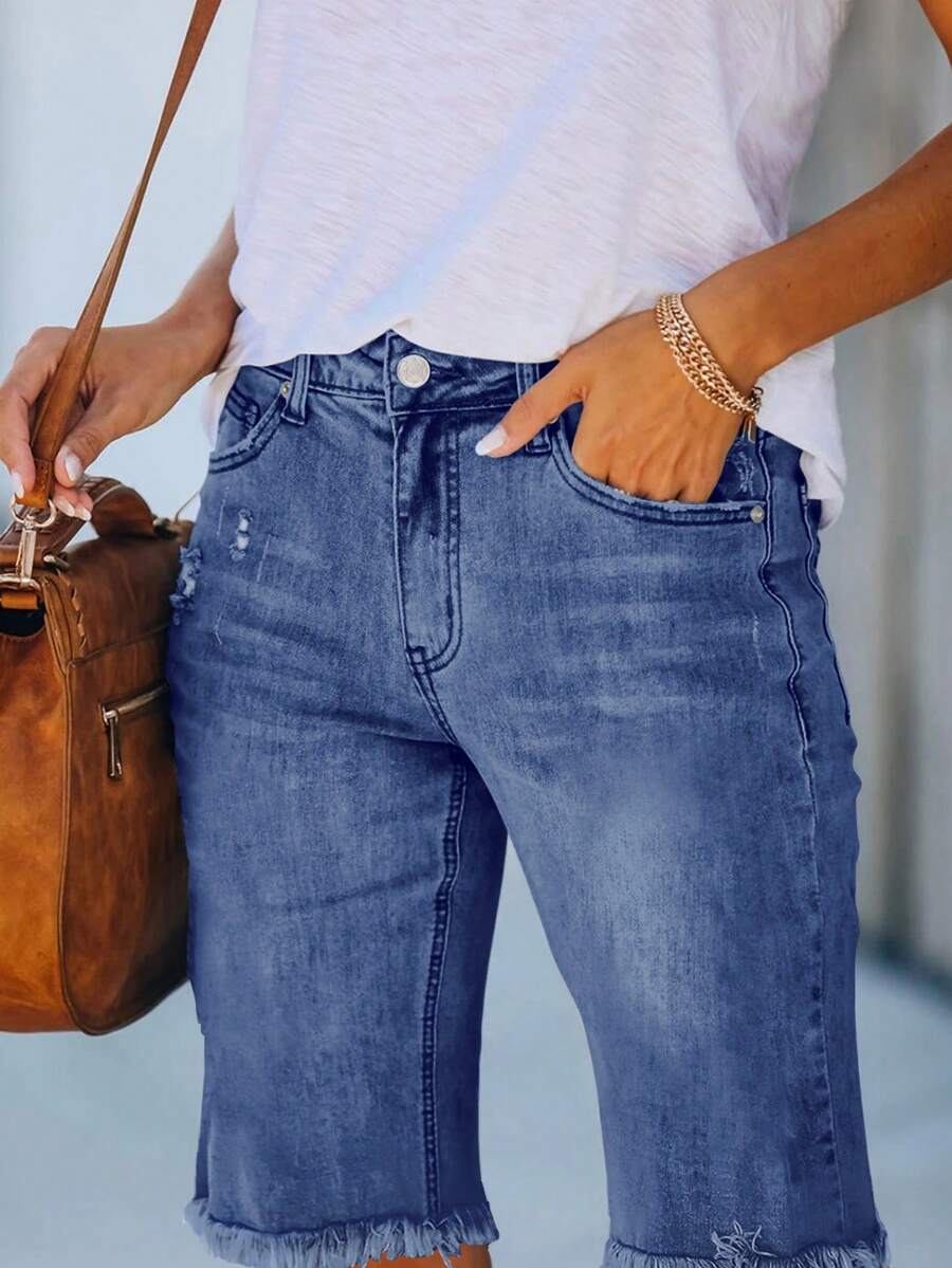 Necooer Women Jean Shorts Ripped Casual Summer Mid Waist Stretchy Five Points Denim Jean Shorts - Xanh lam - 2 - Xem 1