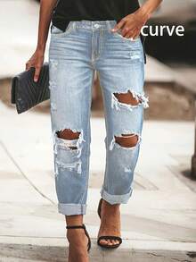 2025 European And American Spring And Summer New Casual Mid-Waist Ripped Straight Pants Street Style Long Jeans For Women