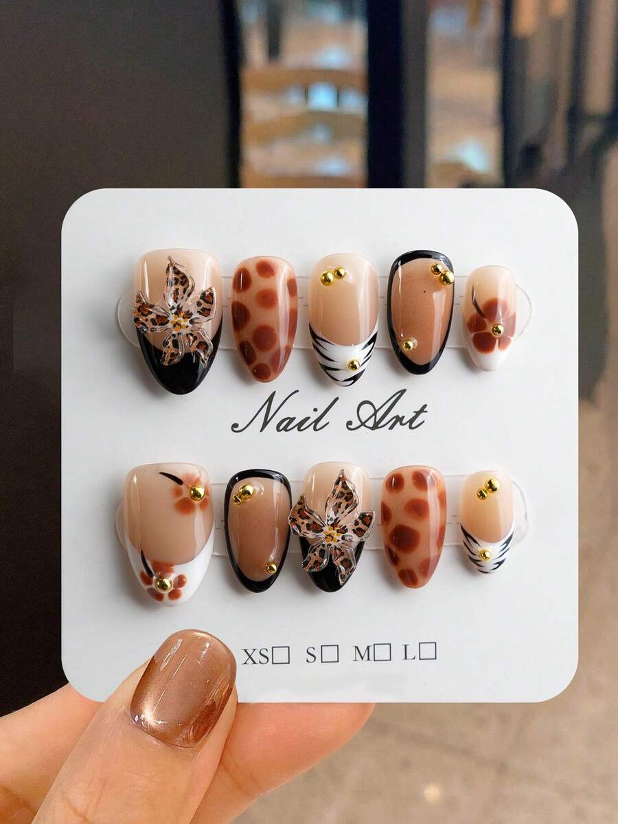 JUTI 10片手工渐变裸色美甲贴纸 | Y2K印花法式美甲贴纸，3D立体雕刻花卉设计 | 优雅假指甲，适合日常佩戴和派对 | 送给女性和女孩的礼物，美甲配件，手工美甲用品 - 彩色 - 查看 1