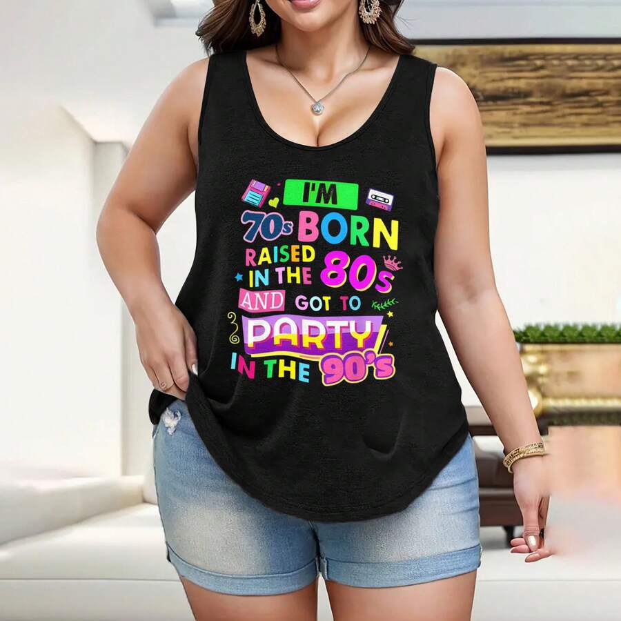 70s 80s Women's Plus Size Tank Tops Crew Neck Novelty Shirt Casual Top Funny Graphic Tee Sleeveless Summer Vacation Clothing - 黑色 - 查看 1