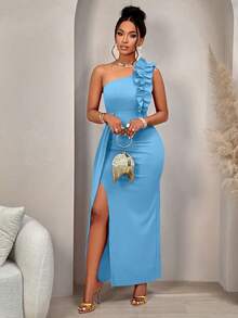 AIJ Vestido feminino elegante, sedutor e sem mangas com babados assimétricos nos ombros, da coleção Outono/Inverno 2024, ideal para festas, encontros, eventos para solteiros, jantares formais ou celebrações. - Azul - Ver 3