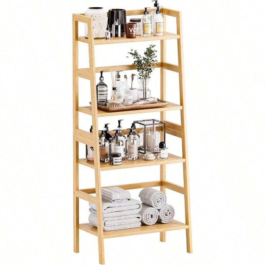 Bamboo Ladder Shelf 4-Tier Bookshelf Freestanding Open Bookcase Bathroom Storage Rack Organizer Small Flower Plant Stand Natural - Natural - View 1