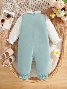 Baby Girls' Cute Ruffle Collar Flounce Bow Puff Sleeve Ruffle Hem Zipper Front Jumpsuit, Suitable For Everyday Outings In Spring And Autumn - Mint Green - View 3