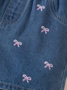 1pc Girls' Fashion Everyday Embroidered Pink Bow Denim Shorts - Medium Wash - View 4