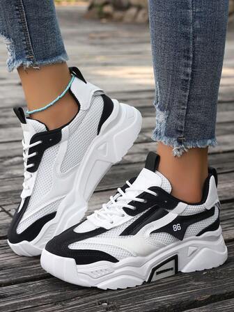 Women's Chunky Sneakers, Casual Sports Outdoor Shoes, Lace-Up Thick Sole Running Shoes