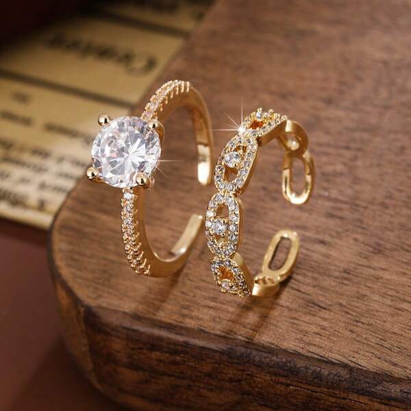 2pcs Women Fashionable & Elegant Zirconia Stone Ring Set