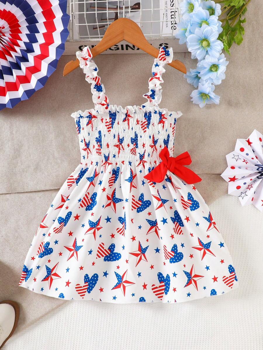 1pc Girls Casual Independence Day Holiday Heart & Star Print + 3D Bow Decor One-Piece Dress, Outdoor, Spring/Summer - White - View 1