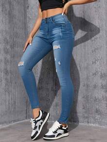 Pantalones De Dama Mezclilla Ajustados Skinny Azul Oscuro Con Roturas Deslavadas, Cintura Alta Elástica Levanta Pompas, Mezclilla Gruesa De Alta Calidad Y Ajuste Perfecto Para Un Estilo Casual Moderno Y Sexy - Azul Marino - Ver 5