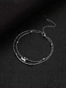 1入組女性時尚不銹鋼鏈式腳鏈帶步行貓動物設計,夏季沙灘,節日,生日禮物 - 銀色 - 查看 3