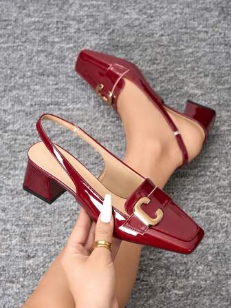 2025新款搭扣粗跟高跟通勤工作凉鞋，套脚不累脚，百搭时尚高端漆皮女式高跟鞋，黑色、酒红色鞋跟