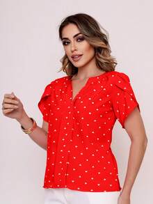 MARILYN MONNA New Women's Blouse Heart Print Petal Sleeve V-Neck Summer Beach - 紅色 - 查看 4