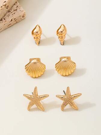 3pairs Elegant Versatile Fashionable Summer Vacation Style European & American New Metallic Gold Starfish, Sea Shell, Sea Life Series Women Earrings Set, Suitable For Daily Commute, Beach Vacation, Party, Refined Jewelry Gift, Stylish Campus Items, Perfect For Best Friends