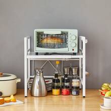 Expandable Microwave Rack With 6 Hooks, Countertop Oven Shelf Stand Unit, Kitchen Worktop Storage Organiser, 1 Tier, White - White - View 2