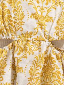 女童热带印花镂空腰部度假无袖吊带裙，夏季 - 芥末黃 - 查看 5