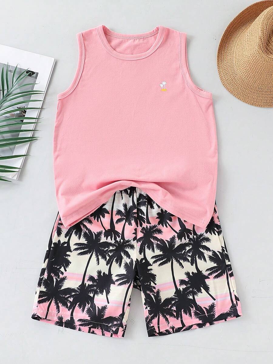 Bộ đồ thường ngày 2 món: Áo phông không tay họa tiết cây thông cho bé trai và quần short Hawaii cạp chun - Hồng - Xem 1