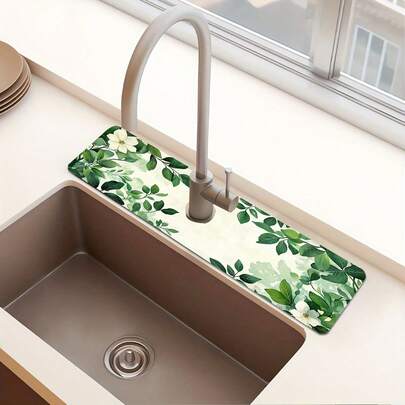 1 pieza Alfombrilla de bambú estampada para secar vajilla, alfombrilla antideslizante y absorbente para fregadero de cocina y baño, decoración de cocina y mesa para primavera y verano, disponible como regalo