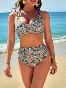 2 件套女士碎花夏季海滩度假性感细肩带分体泳衣套装，比基尼