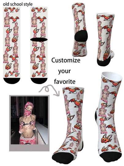 1 Paar individuell gestaltete Old-School-Style Socken, personalisierte, maßgeschneiderte Socken auf denen Fotos von attraktiven Paar, lustigen Paar oder für Geburtstage und besondere Anlässe gedruckt werden können, Spaß Socken