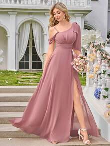 雪纺简约性感单肩褶皱紧身派对连衣裙 - 珊瑚粉 - 查看 4