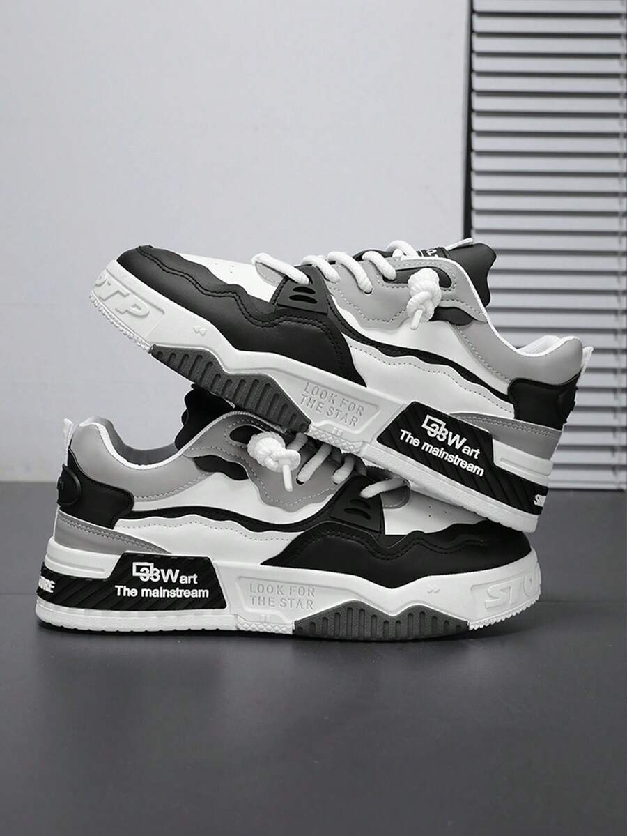 1 双男式字母印花 PU 低帮系带滑板鞋，运动型户外运动鞋 - 黑色 - 查看 1