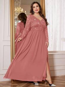 Plus Size Deep V-Neck Sequin Floral Lace Contrast Color Chiffon Slit Maxi Dress, Elegant Formal Gown For Prom, Wedding Guest, Valentine's Day, Graduation Ceremony, Banquet, Homecoming, Holidays - Dusty Pink - View 7