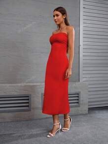 1 peça Novo Vestido Longo com Alças, Decote Costas Nuas e Franzido, Estilo Europeu/Americano, Sexy para Festa/Férias