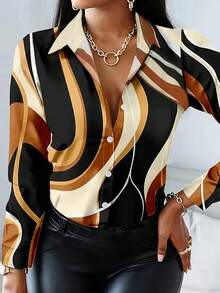 Europäischer und amerikanischer Stil Leopard Muster Kontrastfarbe Hemdkragen Knopfleisten Langarm Lässig & Weiche Bluse für Frauen