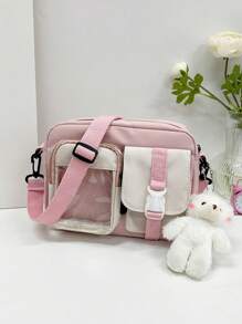 Two Tone Release Buckle Decor Square Bag With Bag Charm School Bag For Graduate, Teen Girls, Freshman, Sophomore, Junior & Senior In College, University & High School, Perfect For Outdoors ,Travel & Back To School