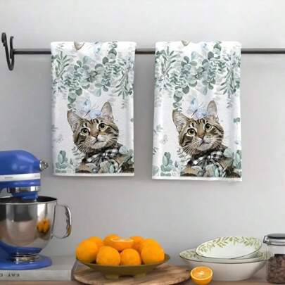 1 pezzo/2 pezzi Strofinacci da cucina e da bagno con design carino a gatto, in morbido e assorbente poliestere lavabile in lavatrice, perfetti per decorare la cucina, cucinare, cuocere, decorazioni per vacanze e bagni, decorazioni per la tavola, articoli da cucina, decorazioni per la casa, ottimo regalo per nuova casa, bagno e festa del casalingo, perfetto regalo per amanti dei gatti