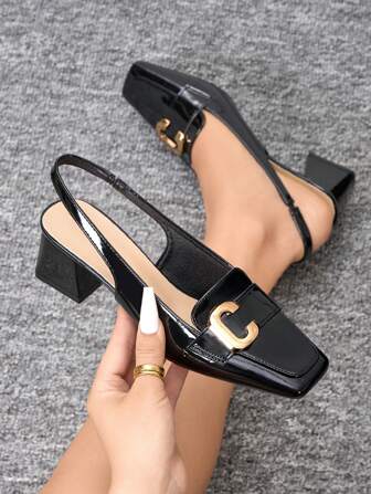 2025 Nya Spänne Tjocka Höga Klackar Pendlingssandaler För Arbetet, Slip-On Sandaler Utan Rygg, Fashionabla Högkvalitativa Lackerade Läderpumps För Damer, Svarta Höga Klackar