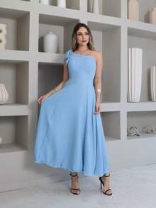 Helena Luxury Dune Linen Midi Dress With Bow On The Sleeve - أزرق فاتح اللون - مشاهدة 1