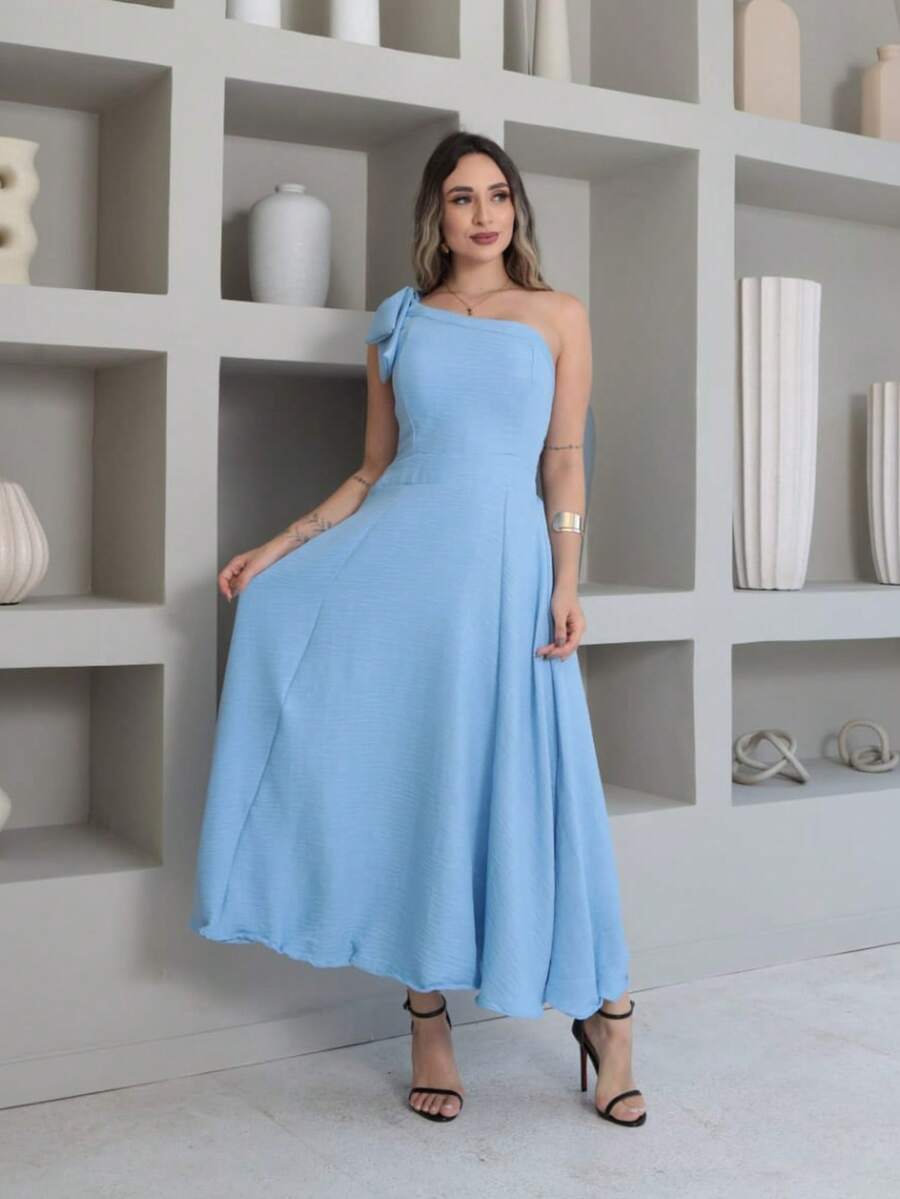 Helena Luxury Dune Linen Midi Dress With Bow On The Sleeve - أزرق فاتح اللون - مشاهدة 1