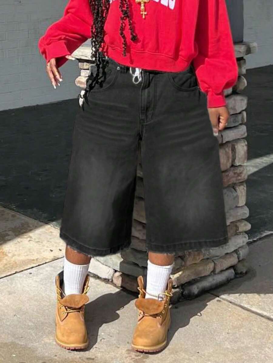 Distressed Streetwear Baggy Denim Bermuda Shorts - Black - View 1