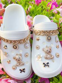 Set de 20 piezas Decoración con cadena de oso dorado de rhinestone completo para zapatos de jardín DIY, accesorios extraíbles para sandalias/pantuflas de estilo campus, adecuado para todas las temporadas y regalos festivos