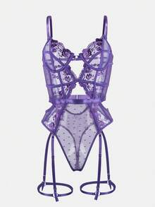 Ladies Sexy Lingerie Embroidered Fabrics Pajamas Doll Pants Teddy Lingerie One Piece - 紫色 - 查看 1