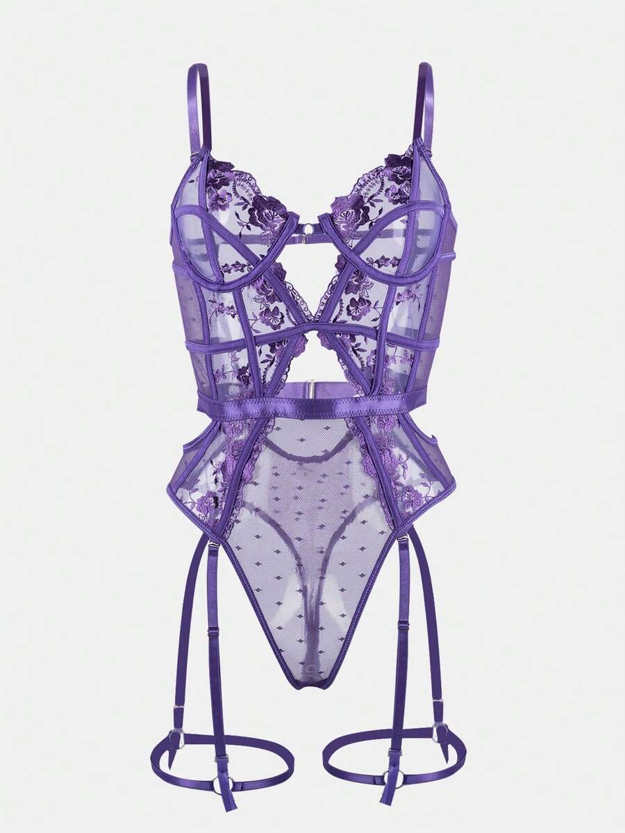 Ladies Sexy Lingerie Embroidered Fabrics Pajamas Doll Pants Teddy Lingerie One Piece - 紫色 - 查看 1