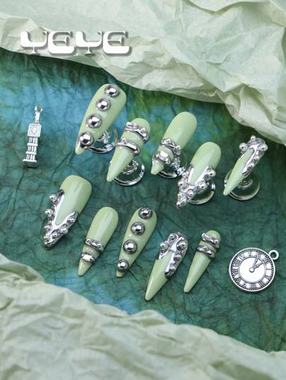 Add A Touch Of Romance With Charming 10pcs Stiletto Shape Handmade Charms Music Festival Summer Mint Green 3d Three-Dimensional Decoration Rivet Rock Style European Style Nordic Full Coverage Press On Nails Set Cool Girl Punk Saint Patrick's Day Silver Chrome Modern Full Coverage Acrylic Fake Nails Kit For Women And Girls Wedding Nails & 1pc Mini Nail File & 1 Sheet Adhesive Tabs