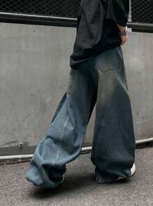 1 pieza Jeans rectos con diseño de parches y lavado vintage desgastado de ajuste holgado para hombre (El producto no incluye cinturón ni accesorios), estilo emo