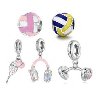 1 pieza Colgante de auriculares de la serie de deportes de voleibol de princesa rosa de plata de ley 925, Charm de tenis, barra de mancuernas, accesorio para hacer pulseras DIY