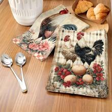 1set/2pcs Vintage Chicken Print Kitchen Towel, Dishwashing Towel, Suitable For Spring And Summer Restaurant Kitchen Bathroom Interior Decoration Party Decoration, Holiday Gift, Can Be Given As A Gift