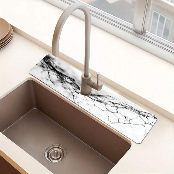 1 قطعة سجادة تجفيف الأطباق ذات طباعة بنمط شبكة العنكبوت الأسود والأبيض، سجادة مقاومة للرطوبة، مناسبة للمطبخ والحمام، سجادة امتصاص رذاذ الحنفية، ديكور مطبخ وطاولة للربيع والصيف، يمكن إهداؤها