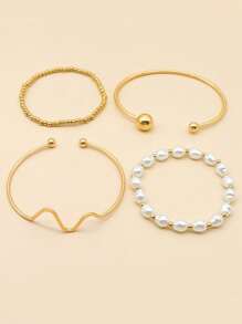4pcs Asymmetrical Chain Faux Pearl Beaded Bracelet Set For Women, Golden Color